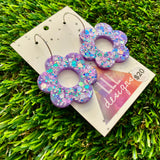 Resin Earrings - Purple Multi Glitter Daisies Featuring Silver Hoops!