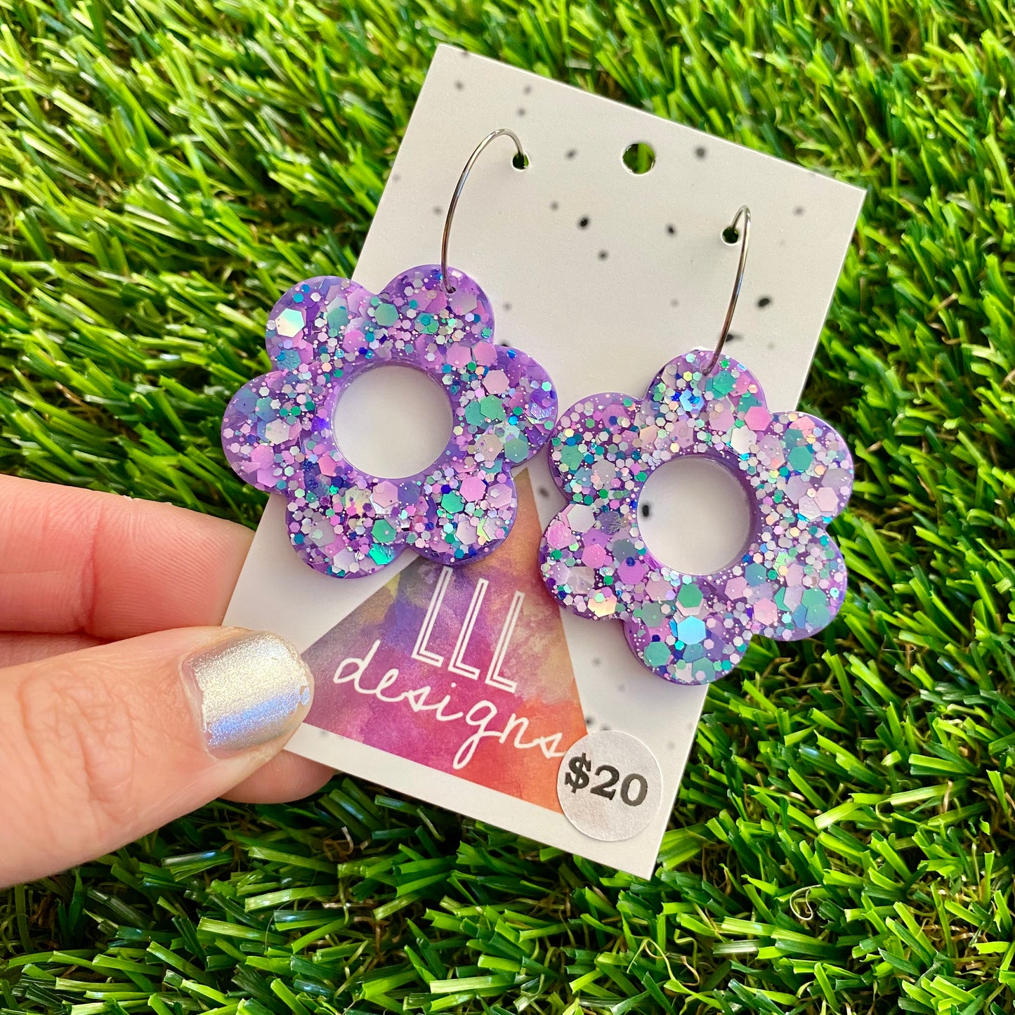 ON SALE!!!! Resin Earrings - Purple Multi Glitter Daisies Featuring Silver Hoops!