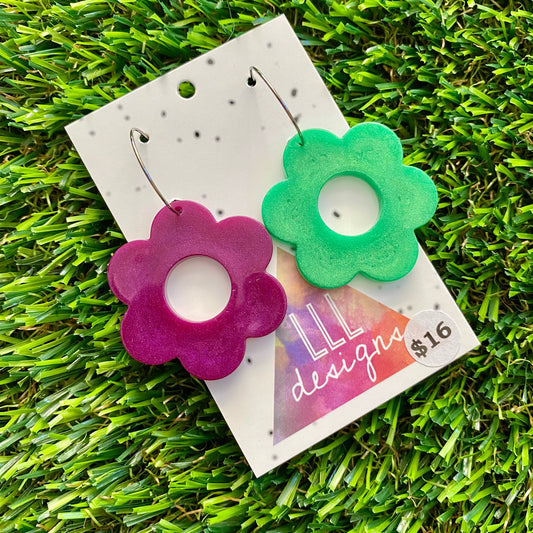 ON SALE!!!! Resin Earrings - Purple and Green Duo Daisies Featuring Silver Hoops!