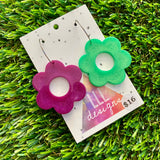 Resin Earrings - Purple and Green Duo Daisies Featuring Silver Hoops!
