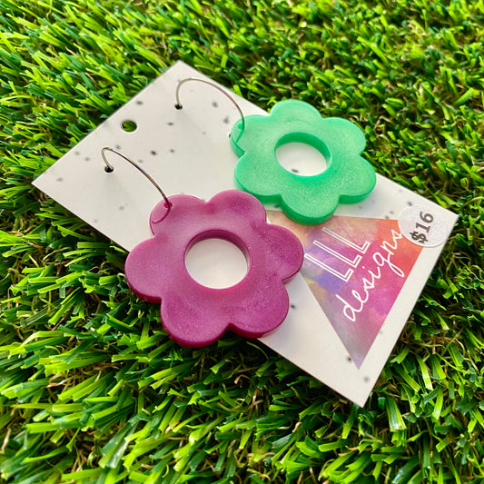 ON SALE!!!! Resin Earrings - Purple and Green Duo Daisies Featuring Silver Hoops!
