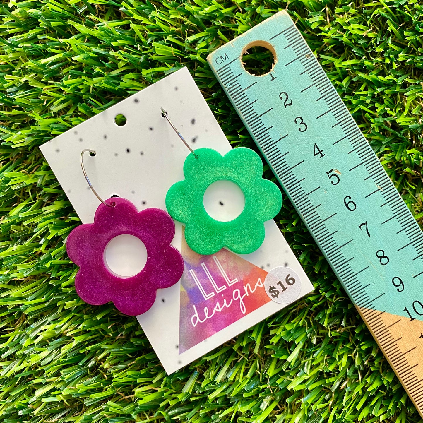 ON SALE!!!! Resin Earrings - Purple and Green Duo Daisies Featuring Silver Hoops!