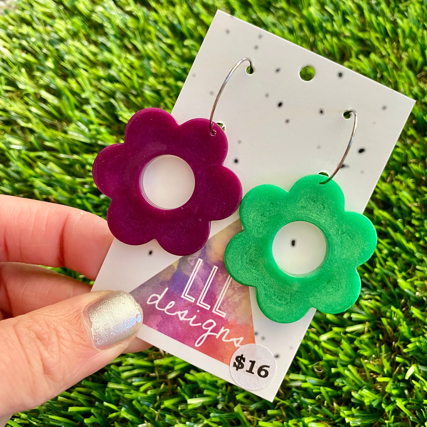 ON SALE!!!! Resin Earrings - Purple and Green Duo Daisies Featuring Silver Hoops!