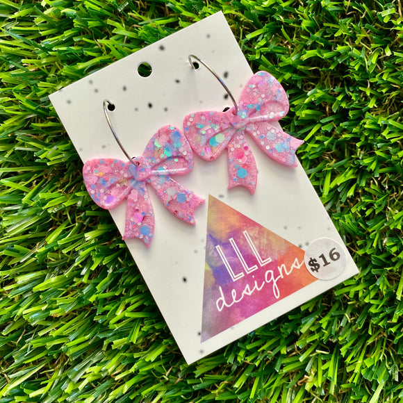 Resin Earrings - Pastel Pink and Blue Confetti Bows Featuring Silver Hoops!