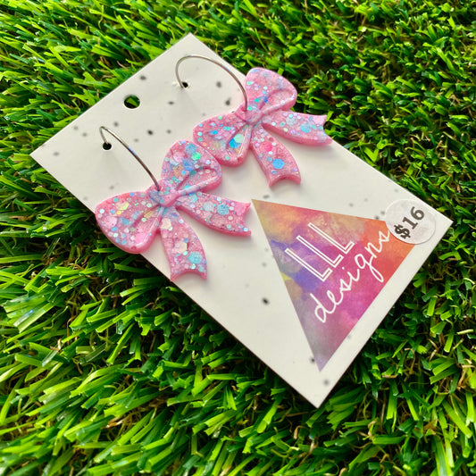ON SALE!!!! Resin Earrings - Pastel Pink and Blue Confetti Bows Featuring Silver Hoops!