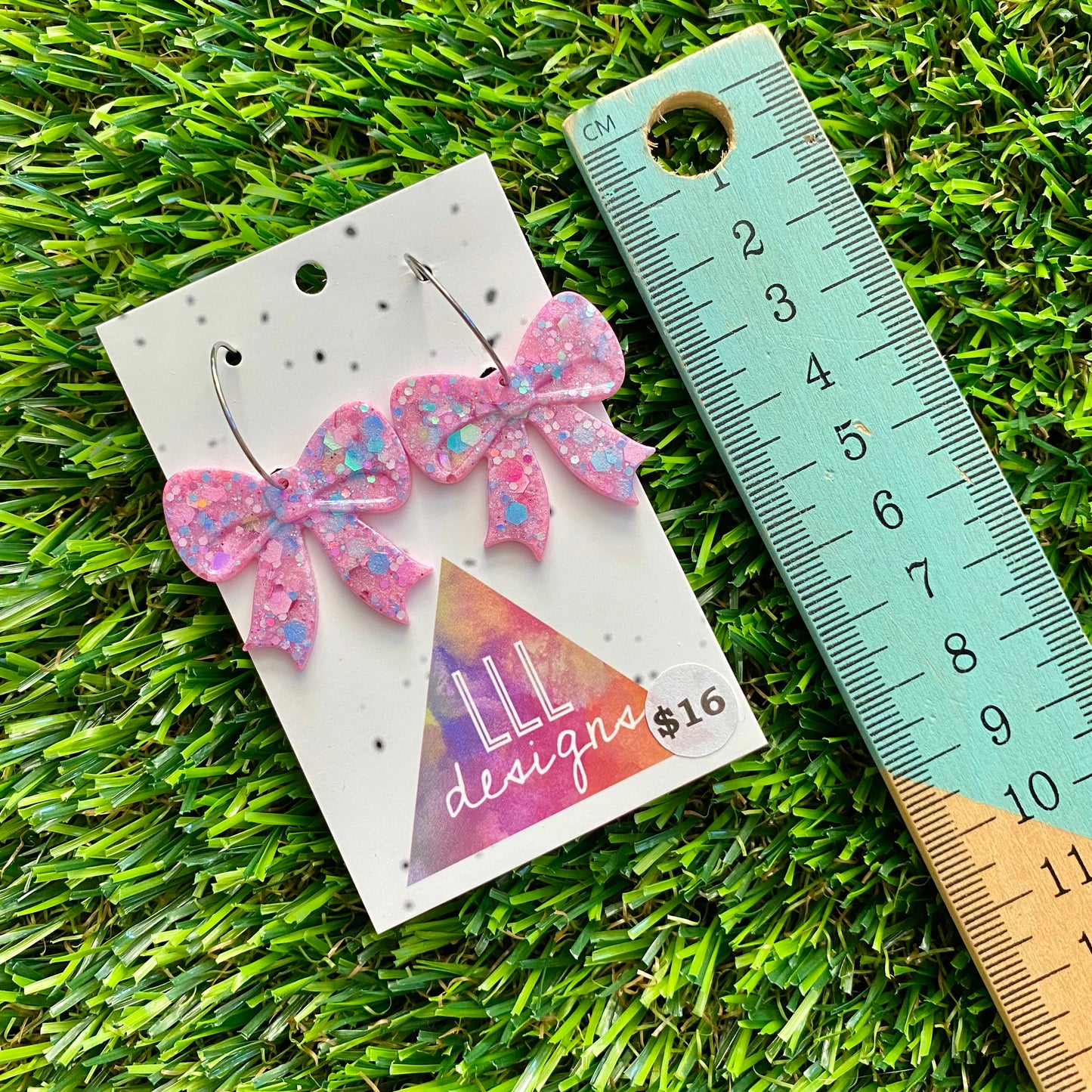 ON SALE!!!! Resin Earrings - Pastel Pink and Blue Confetti Bows Featuring Silver Hoops!
