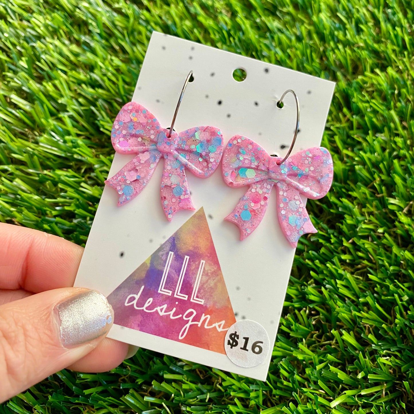 ON SALE!!!! Resin Earrings - Pastel Pink and Blue Confetti Bows Featuring Silver Hoops!