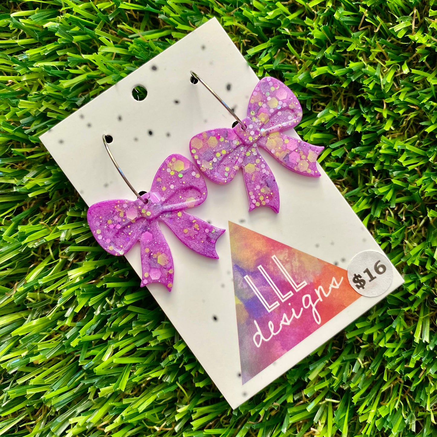ON SALE!!!! Resin Earrings - Purple and Yellow Confetti Bows Featuring Silver Hoops!
