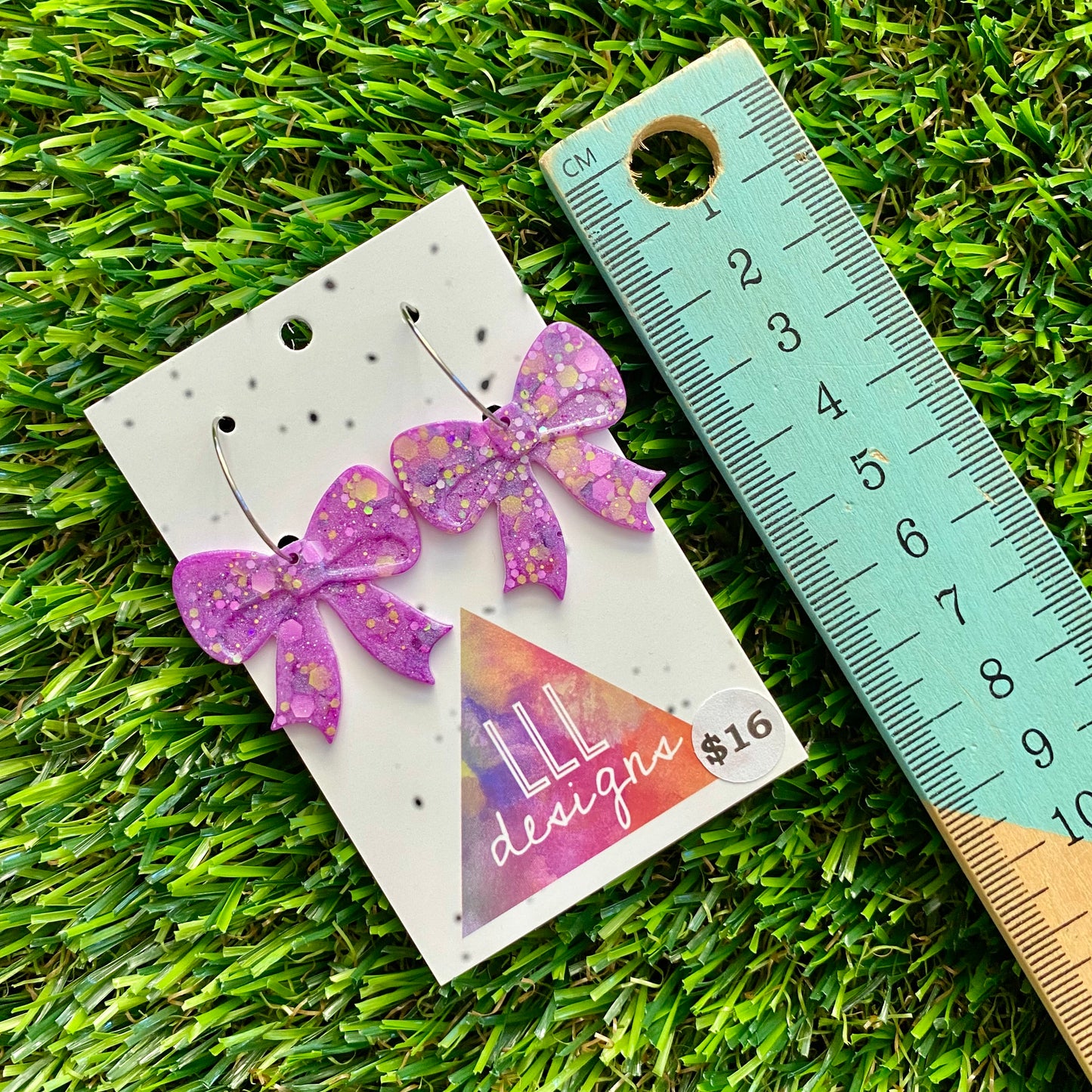ON SALE!!!! Resin Earrings - Purple and Yellow Confetti Bows Featuring Silver Hoops!