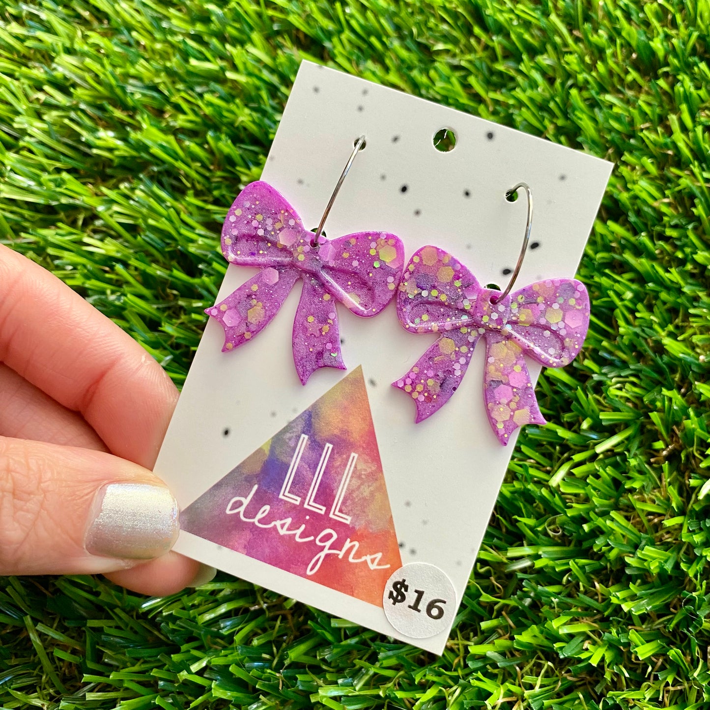 ON SALE!!!! Resin Earrings - Purple and Yellow Confetti Bows Featuring Silver Hoops!