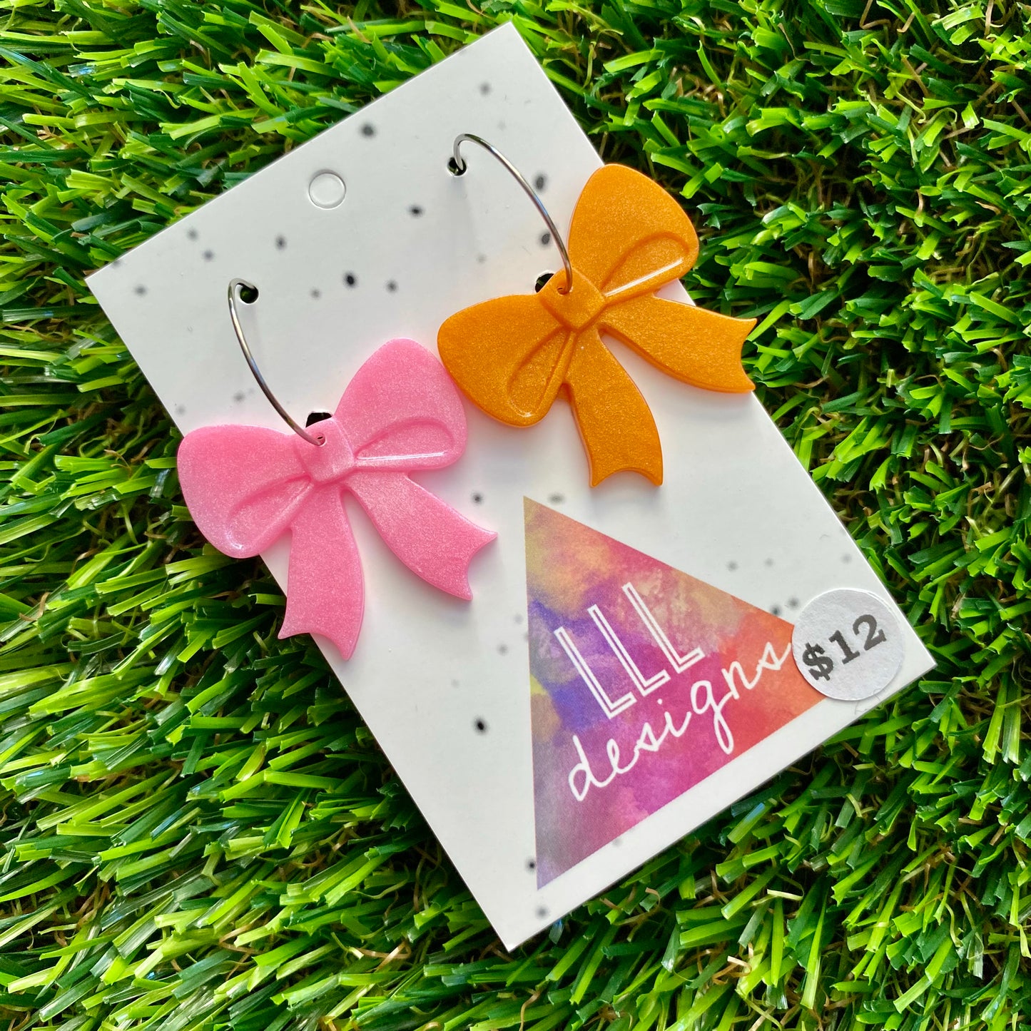 ON SALE!!!! Resin Earrings - Pink and Orange Duo Bows Featuring Silver Hoops!