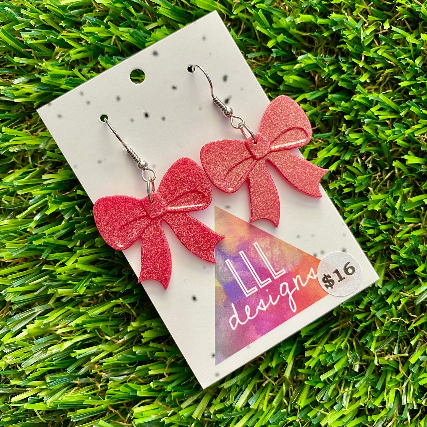 ON SALE!!!! Resin Earrings - Glitter Red Bows Featuring a Hook Top!