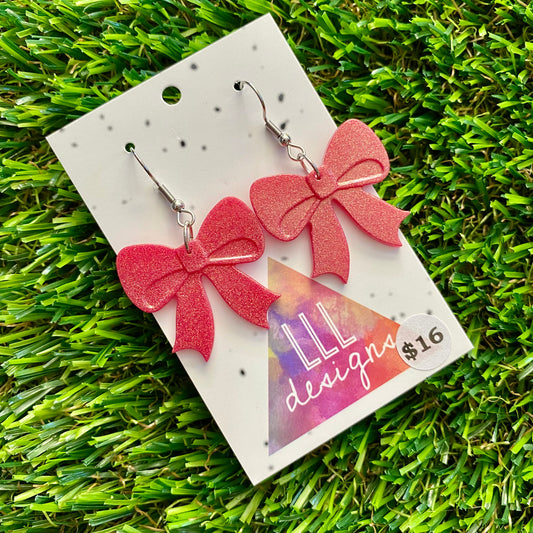 ON SALE!!!! Resin Earrings - Glitter Red Bows Featuring a Hook Top!