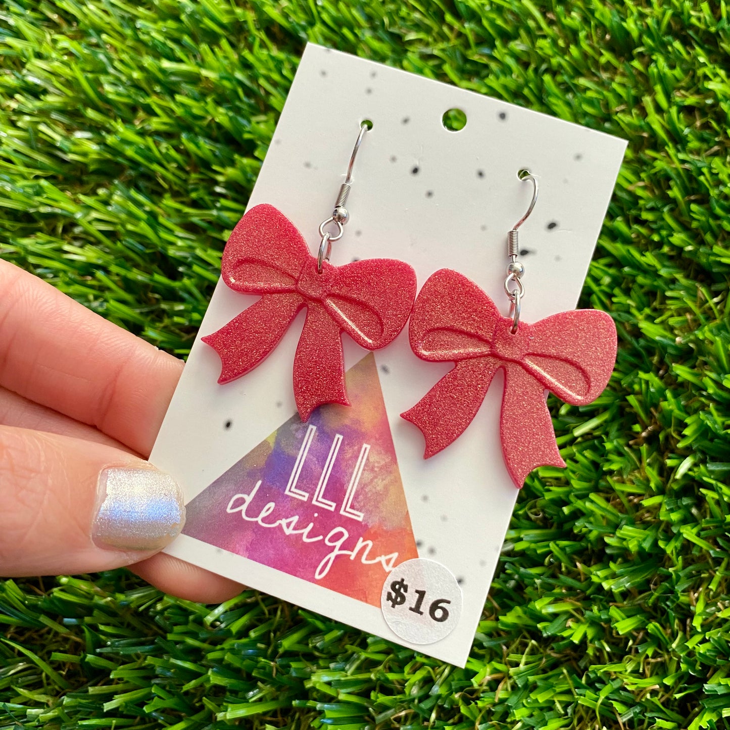 ON SALE!!!! Resin Earrings - Glitter Red Bows Featuring a Hook Top!