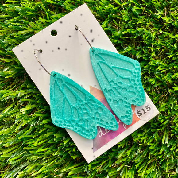 Resin Earrings - Teal Butterfly Wings Featuring Silver Hoops!