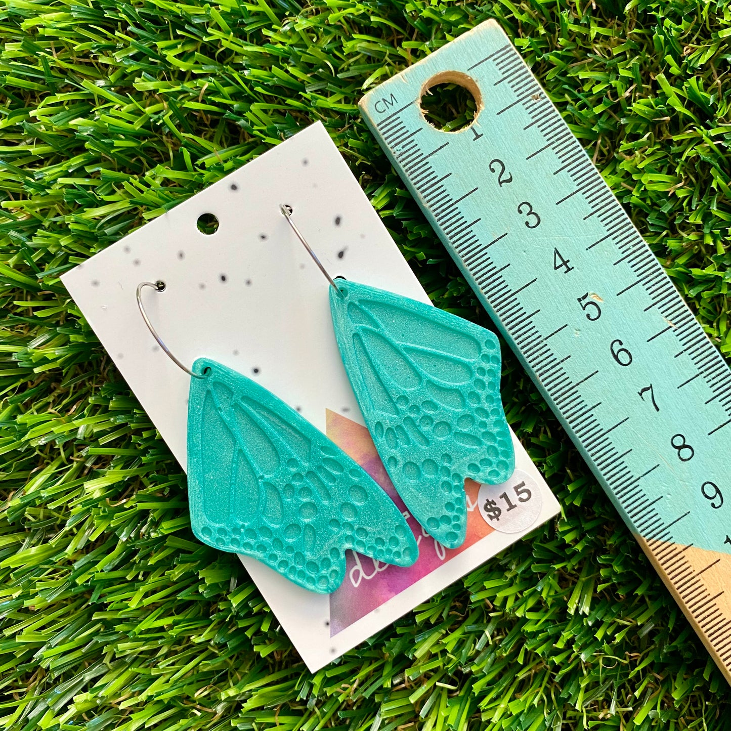 ON SALE!!!! Resin Earrings - Teal Butterfly Wings Featuring Silver Hoops!
