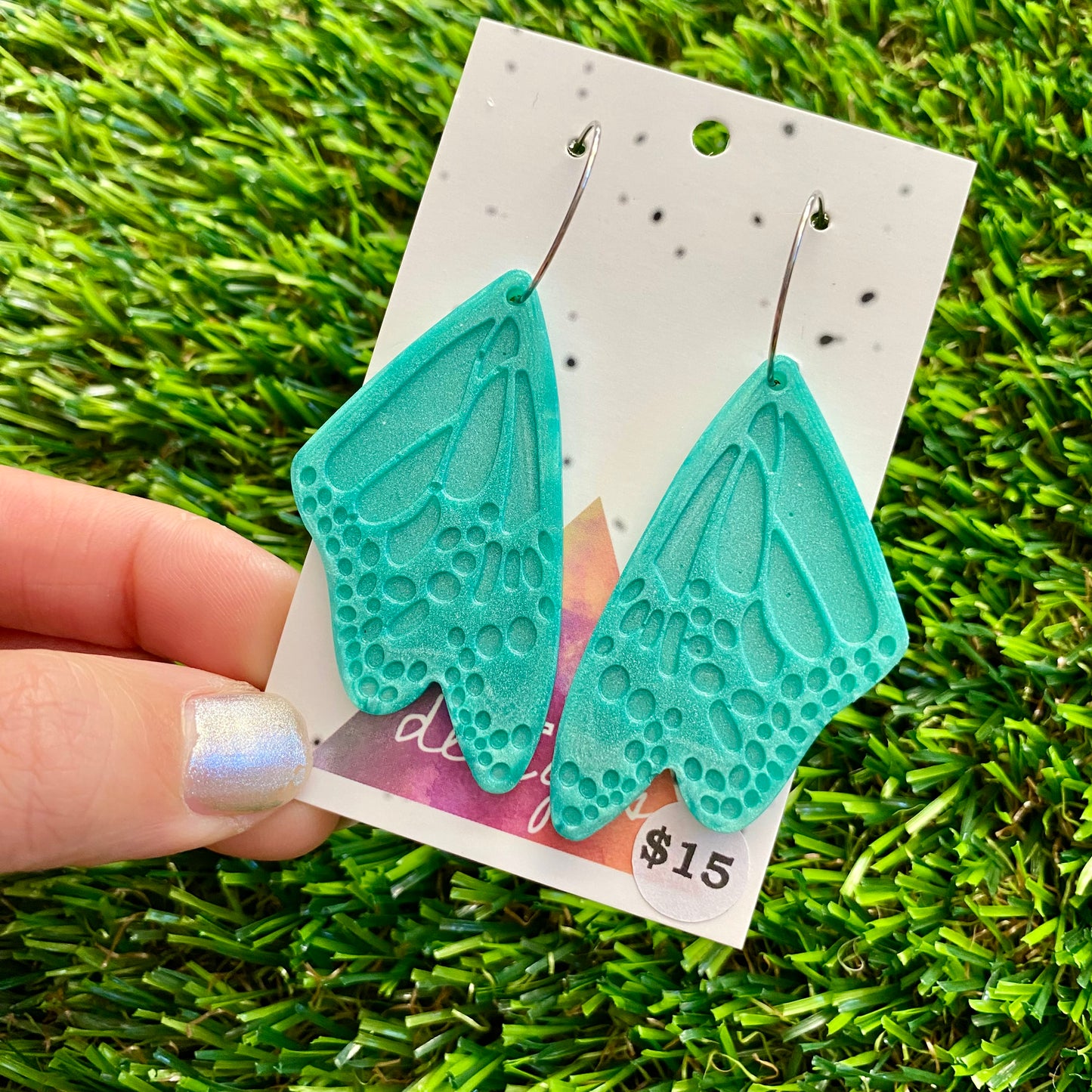 ON SALE!!!! Resin Earrings - Teal Butterfly Wings Featuring Silver Hoops!