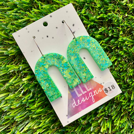 ON SALE!!!! Resin Earrings - Green Multi Glitter Arches Featuring Silver Hoops!