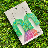 Resin Earrings - Green Multi Glitter Arches Featuring Silver Hoops!
