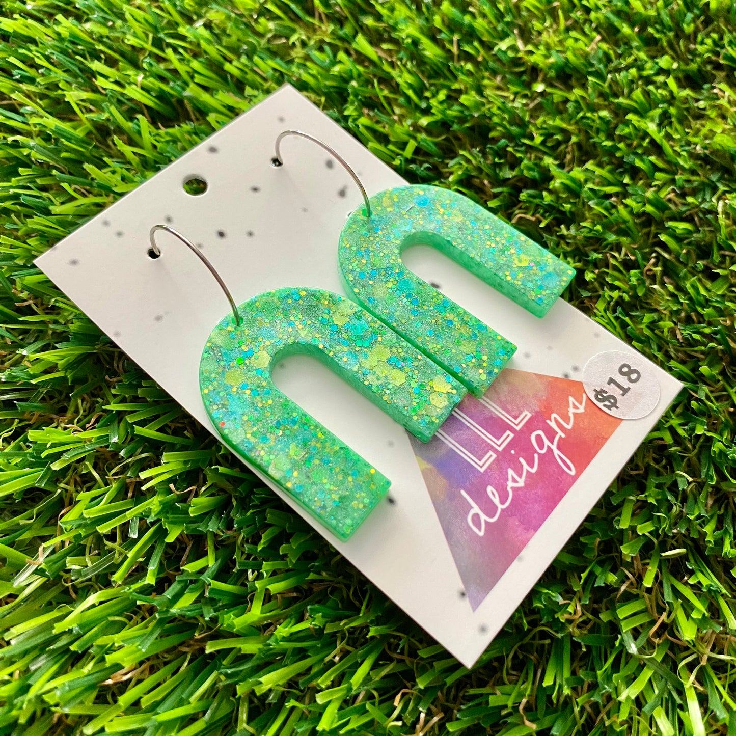 ON SALE!!!! Resin Earrings - Green Multi Glitter Arches Featuring Silver Hoops!