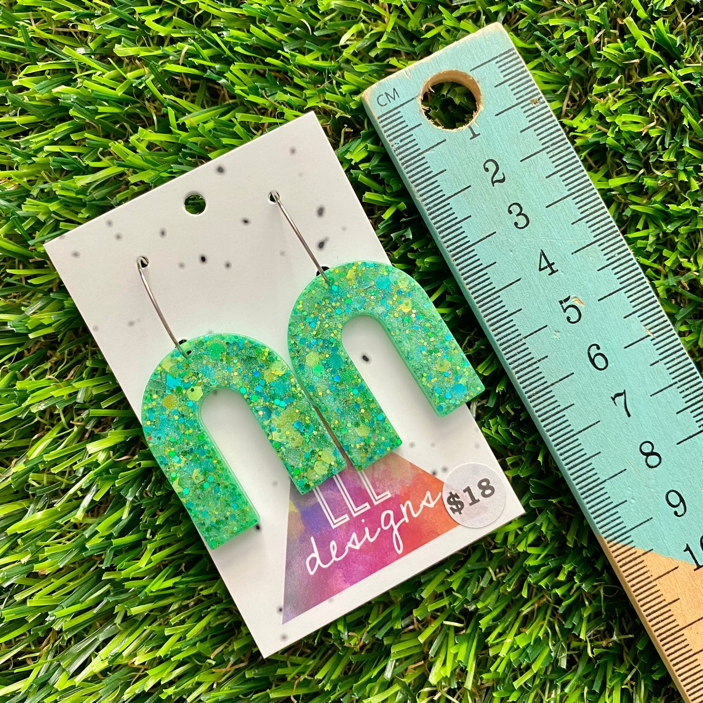 ON SALE!!!! Resin Earrings - Green Multi Glitter Arches Featuring Silver Hoops!