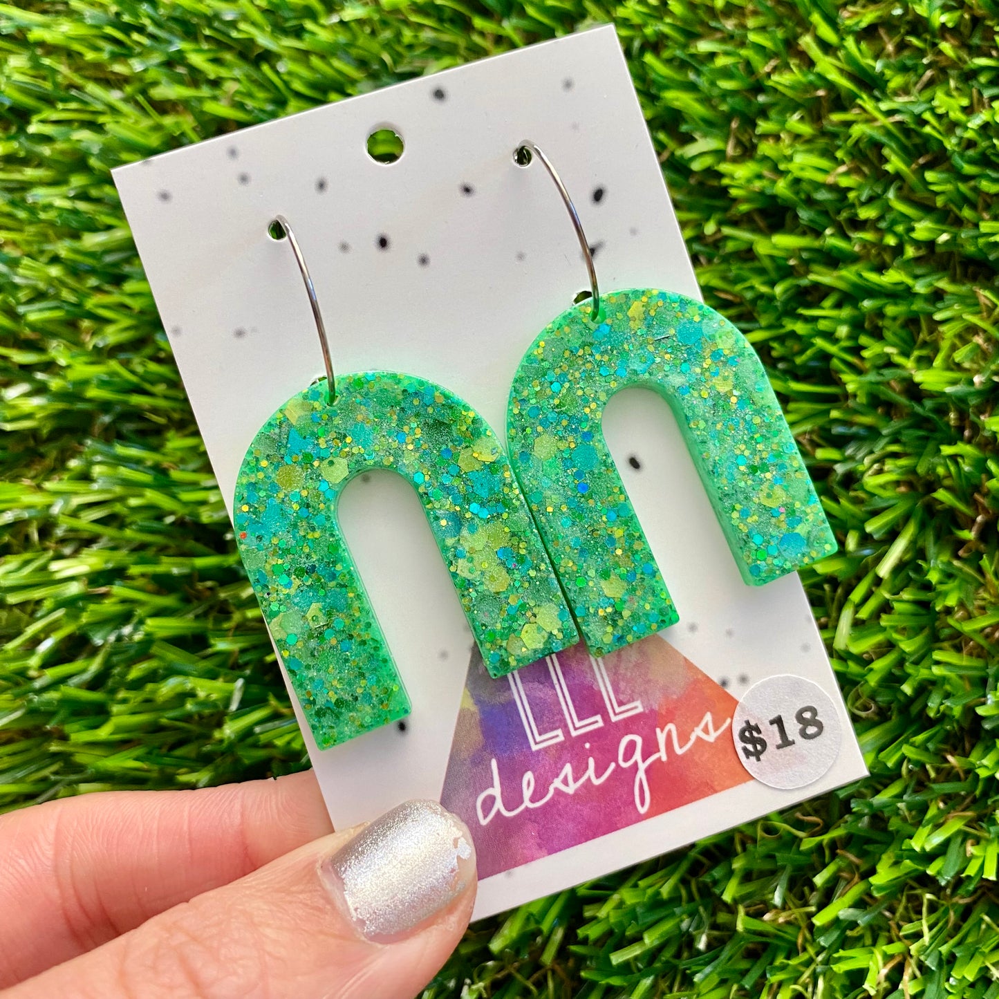 ON SALE!!!! Resin Earrings - Green Multi Glitter Arches Featuring Silver Hoops!