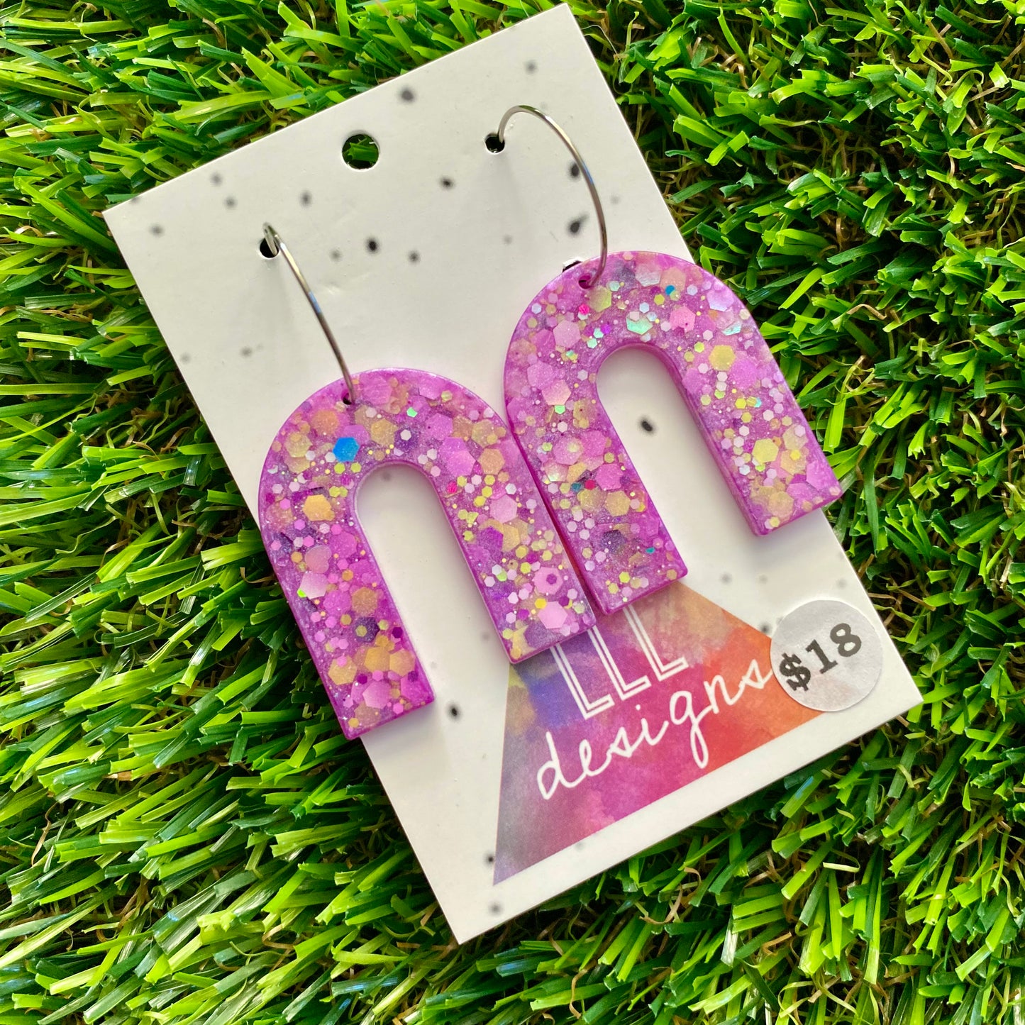 ON SALE!!!! Resin Earrings - Purple and Yellow Confetti Arches Featuring Silver Hoops!