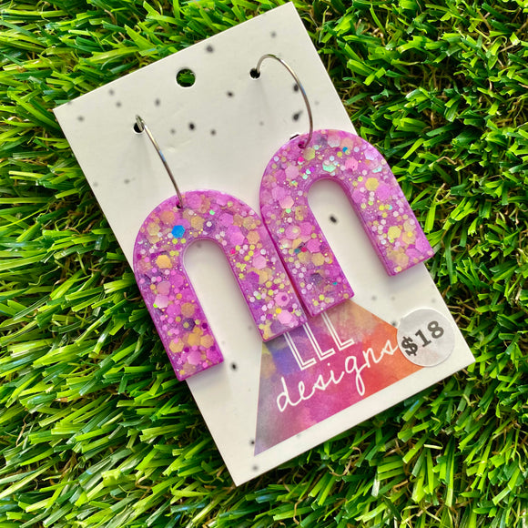 Resin Earrings - Purple and Yellow Confetti Arches Featuring Silver Hoops!