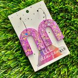 Resin Earrings - Purple and Yellow Confetti Arches Featuring Silver Hoops!