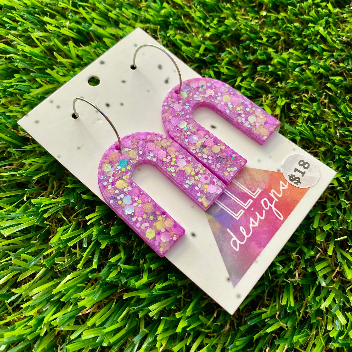 ON SALE!!!! Resin Earrings - Purple and Yellow Confetti Arches Featuring Silver Hoops!