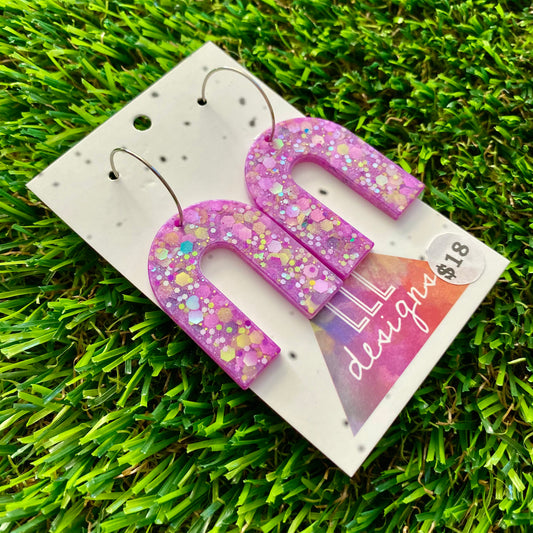 ON SALE!!!! Resin Earrings - Purple and Yellow Confetti Arches Featuring Silver Hoops!