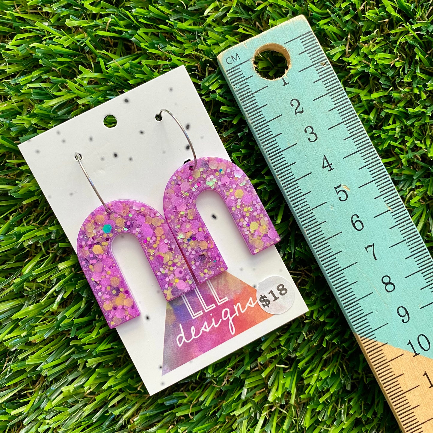 ON SALE!!!! Resin Earrings - Purple and Yellow Confetti Arches Featuring Silver Hoops!
