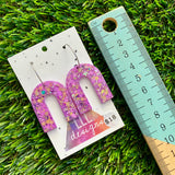 Resin Earrings - Purple and Yellow Confetti Arches Featuring Silver Hoops!