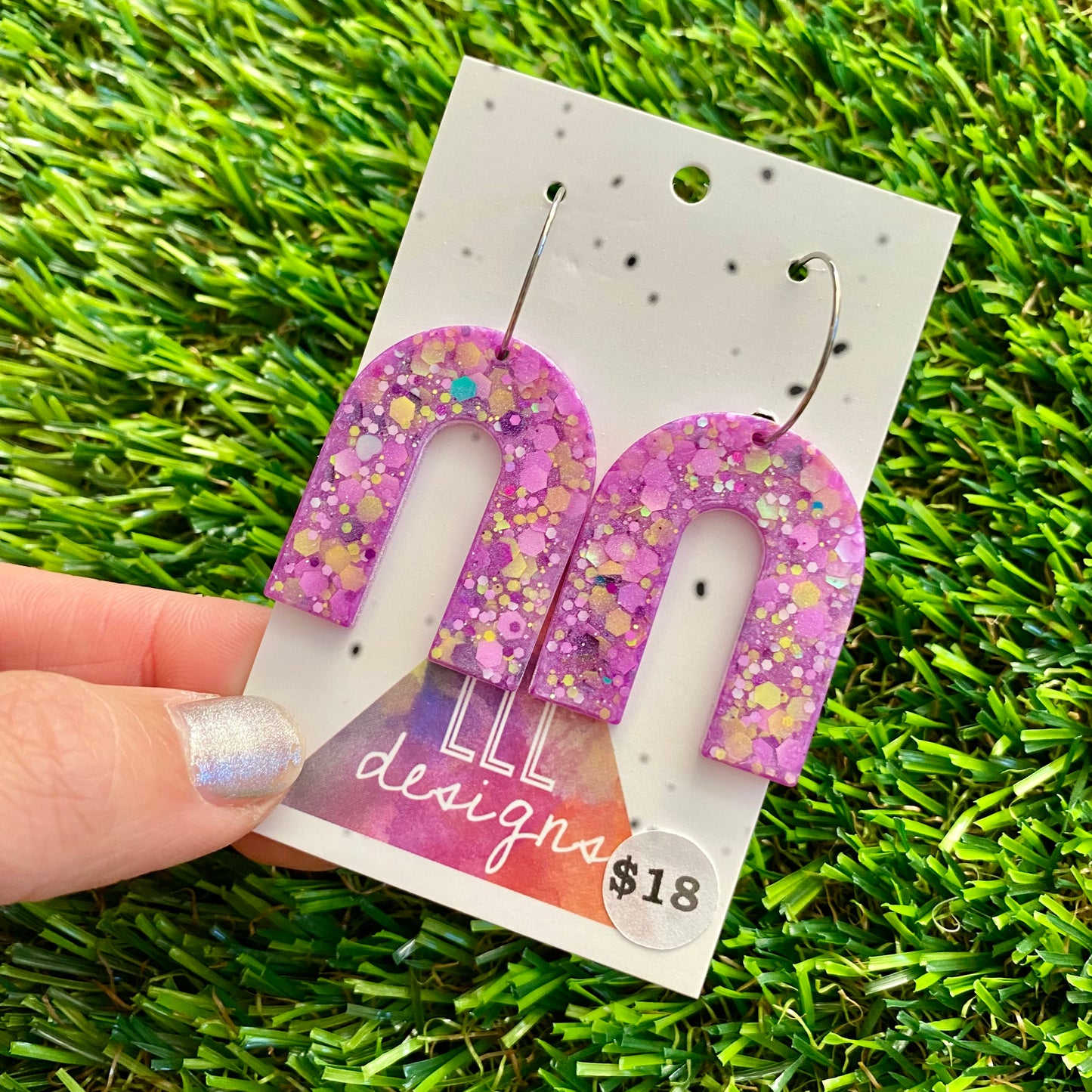 ON SALE!!!! Resin Earrings - Purple and Yellow Confetti Arches Featuring Silver Hoops!