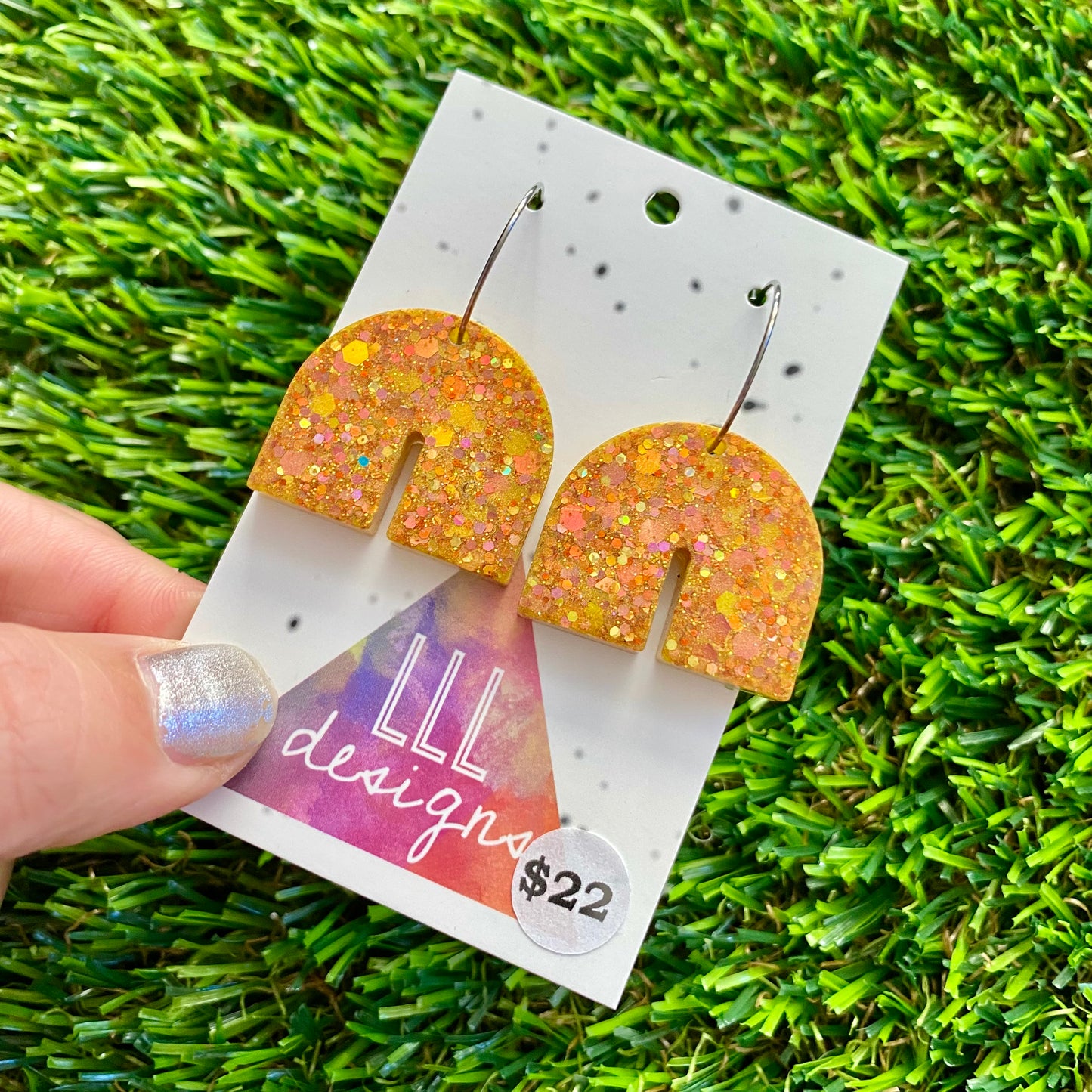 ON SALE!!!! Resin Earrings - Gold Multi Glitter Chunky Arches Featuring Silver Hoops!