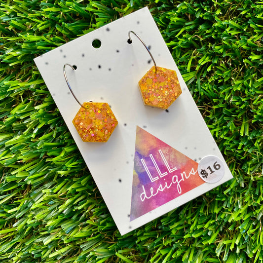 ON SALE!!!! Resin Earrings - Gold Multi Glitter Hexagons Featuring Silver Hoops!