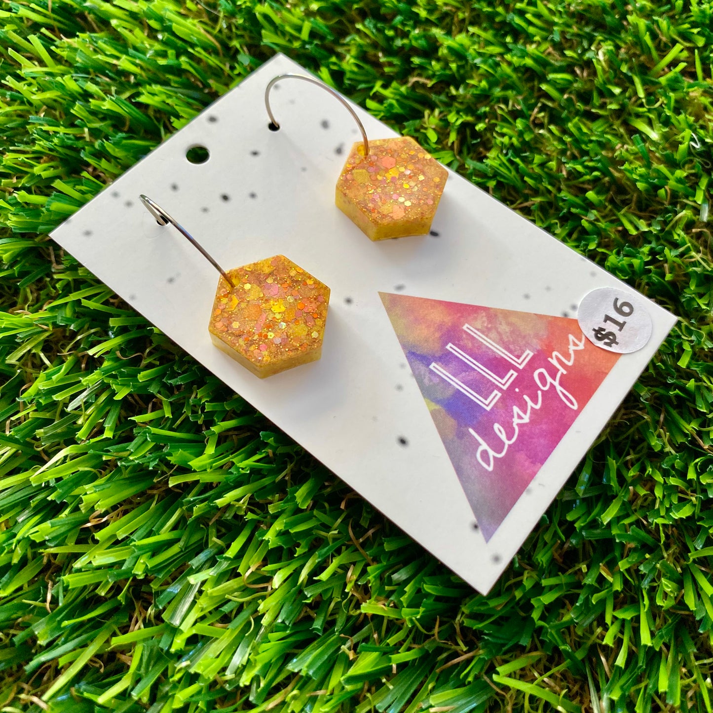 ON SALE!!!! Resin Earrings - Gold Multi Glitter Hexagons Featuring Silver Hoops!