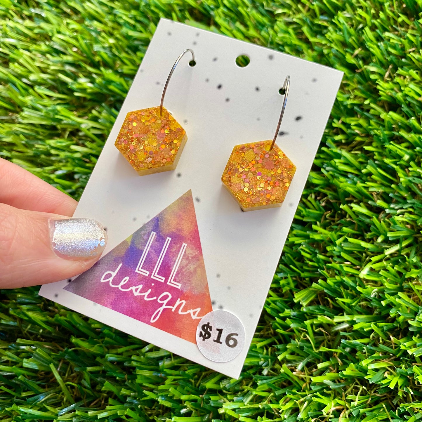 ON SALE!!!! Resin Earrings - Gold Multi Glitter Hexagons Featuring Silver Hoops!