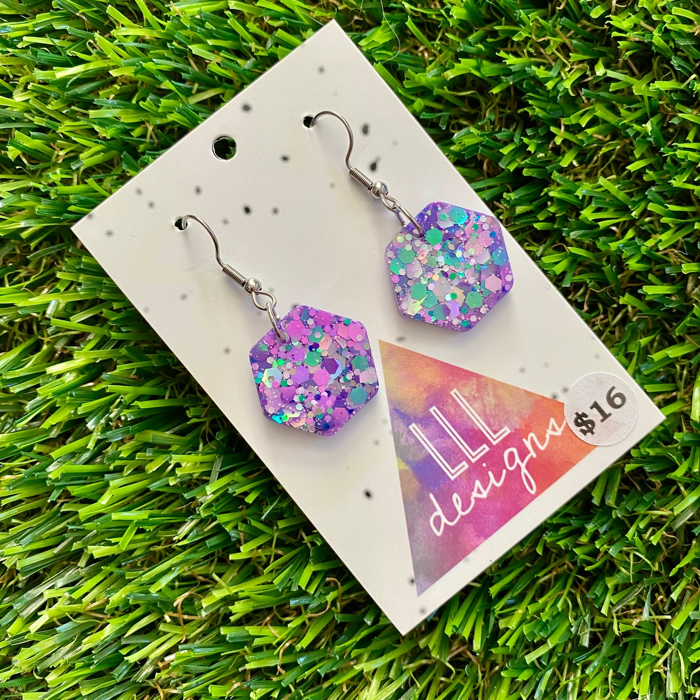 ON SALE!!!! Resin Earrings -Purple Multi Glitter Hexagons Featuring a Hook Top!