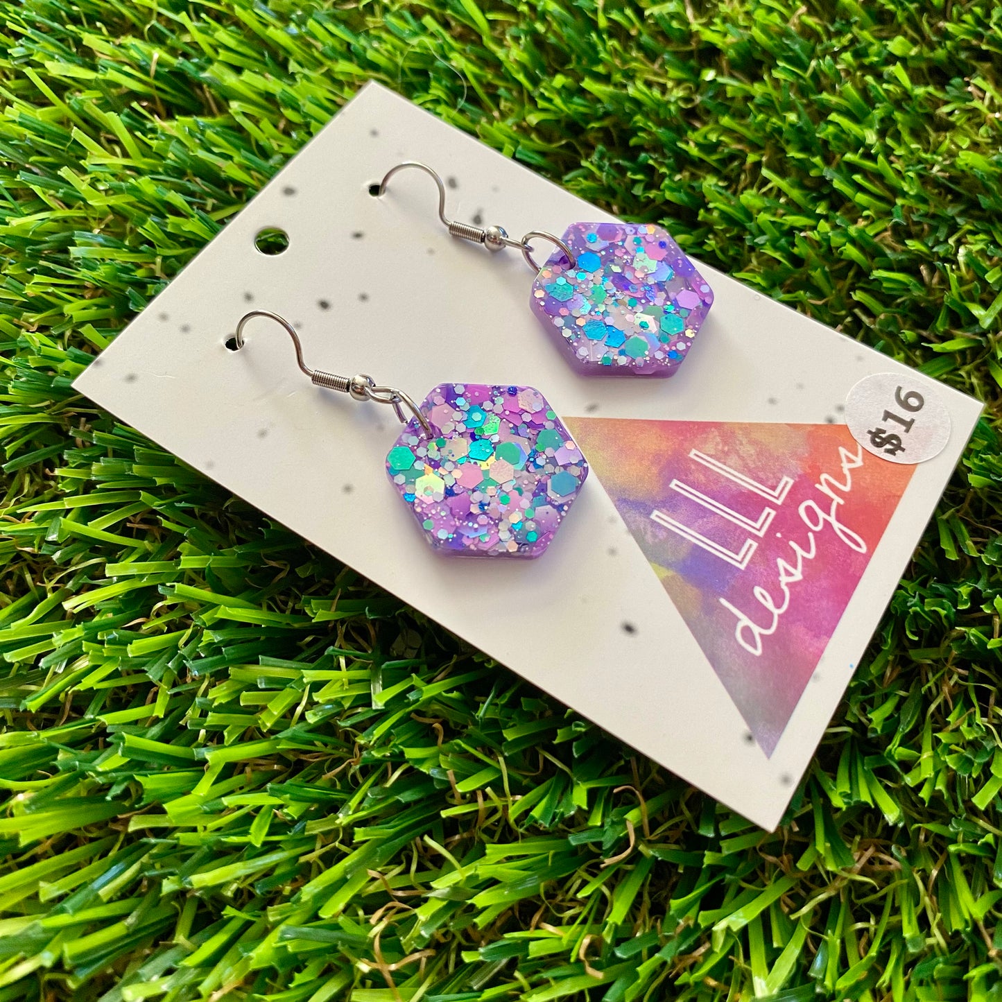 ON SALE!!!! Resin Earrings -Purple Multi Glitter Hexagons Featuring a Hook Top!