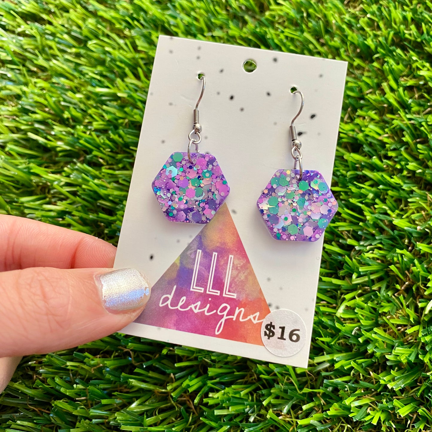 ON SALE!!!! Resin Earrings -Purple Multi Glitter Hexagons Featuring a Hook Top!
