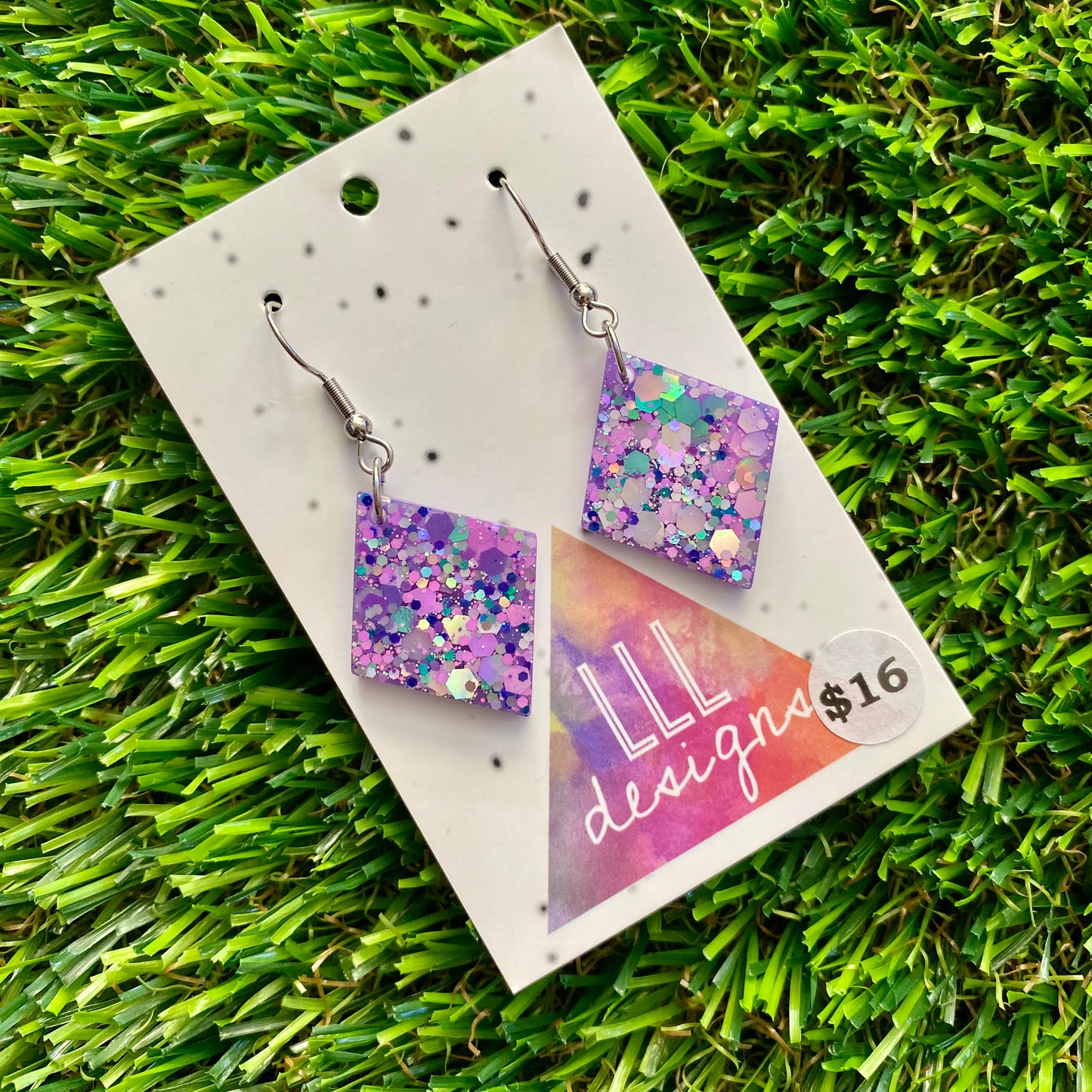 ON SALE!!!! Resin Earrings -Purple Multi Glitter Diamonds Featuring a Hook Top!