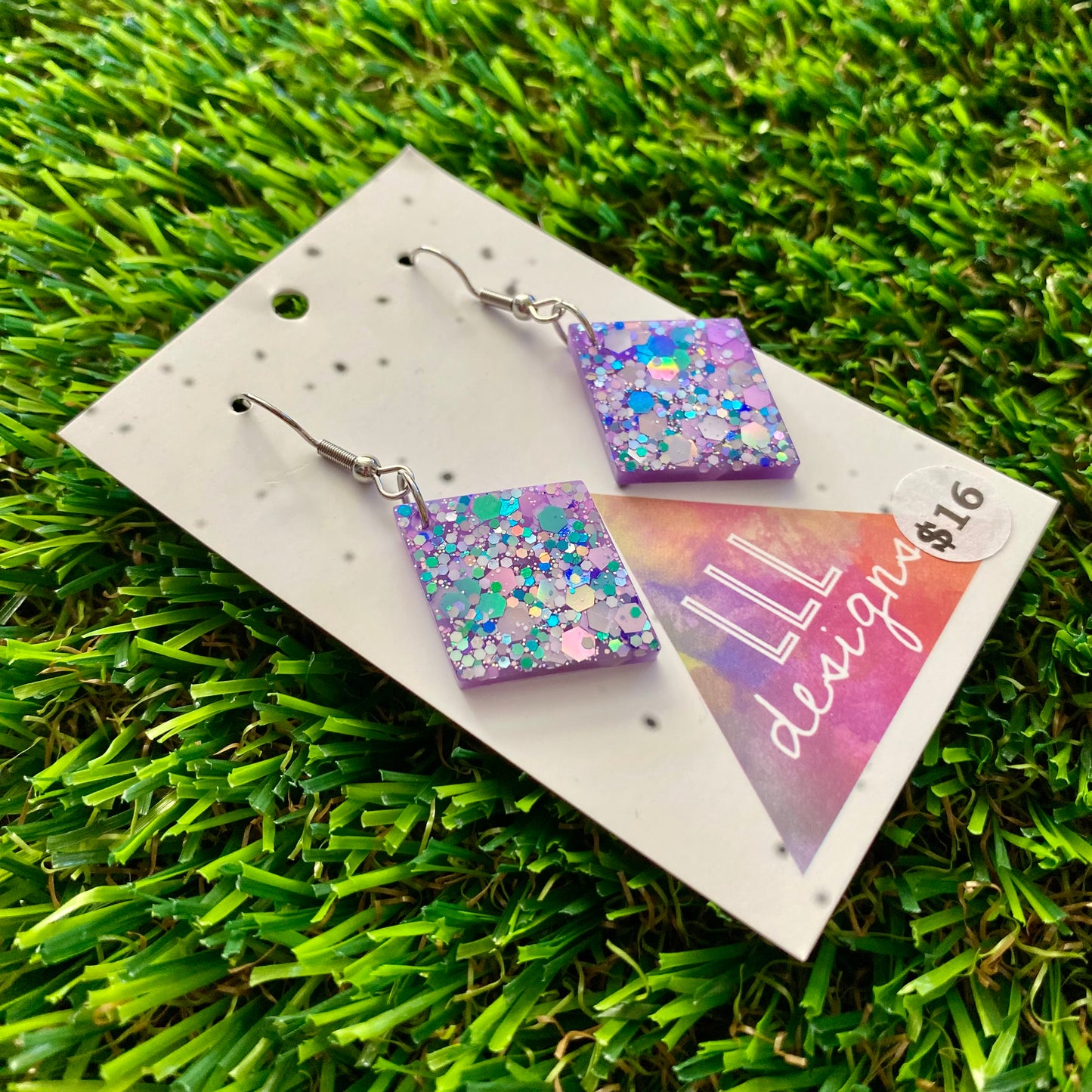 ON SALE!!!! Resin Earrings -Purple Multi Glitter Diamonds Featuring a Hook Top!