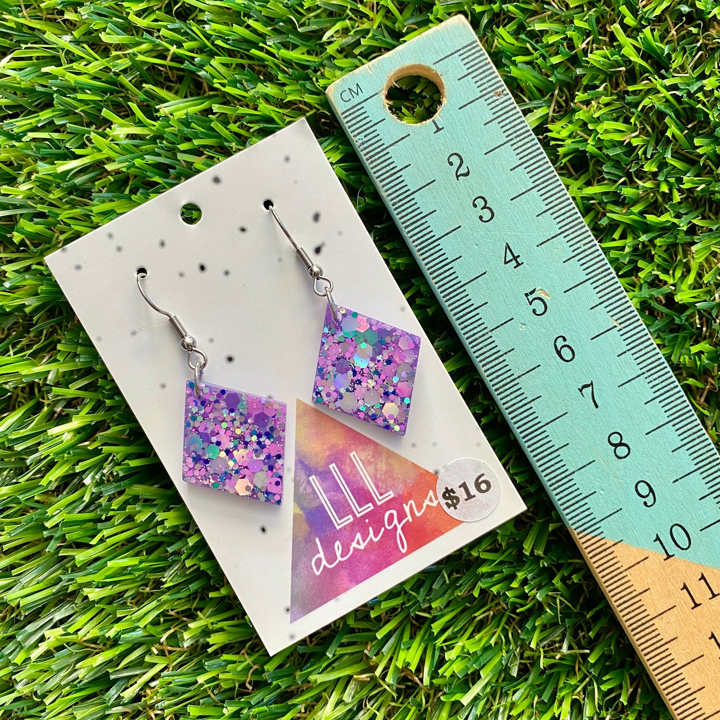 ON SALE!!!! Resin Earrings -Purple Multi Glitter Diamonds Featuring a Hook Top!