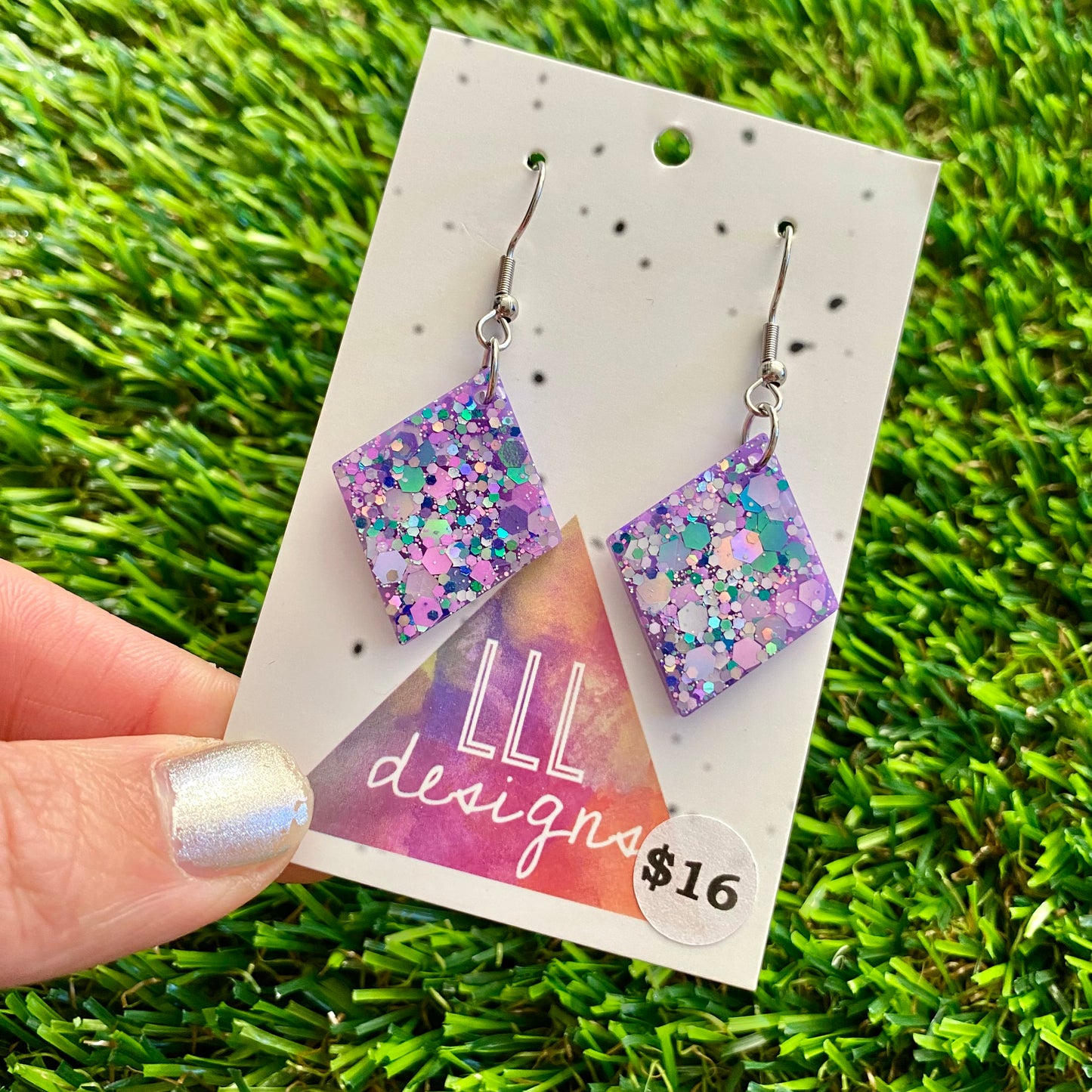 ON SALE!!!! Resin Earrings -Purple Multi Glitter Diamonds Featuring a Hook Top!