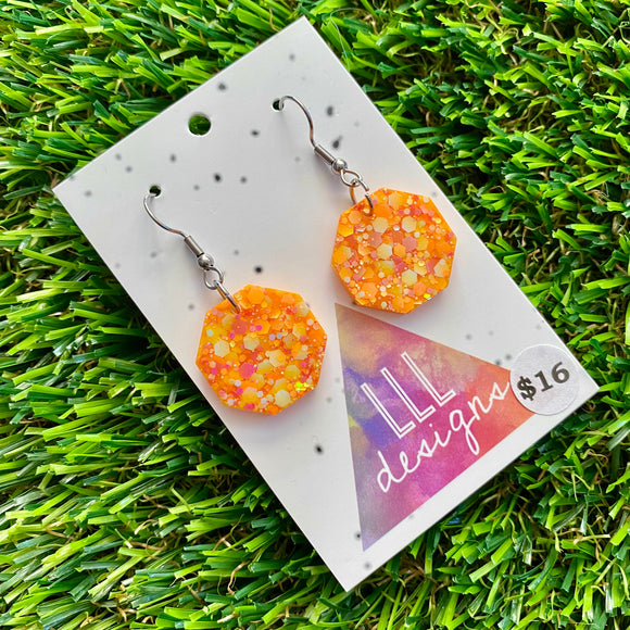 Resin Earrings - Orange Multi Glitter Pentagon Featuring a Hook Top!