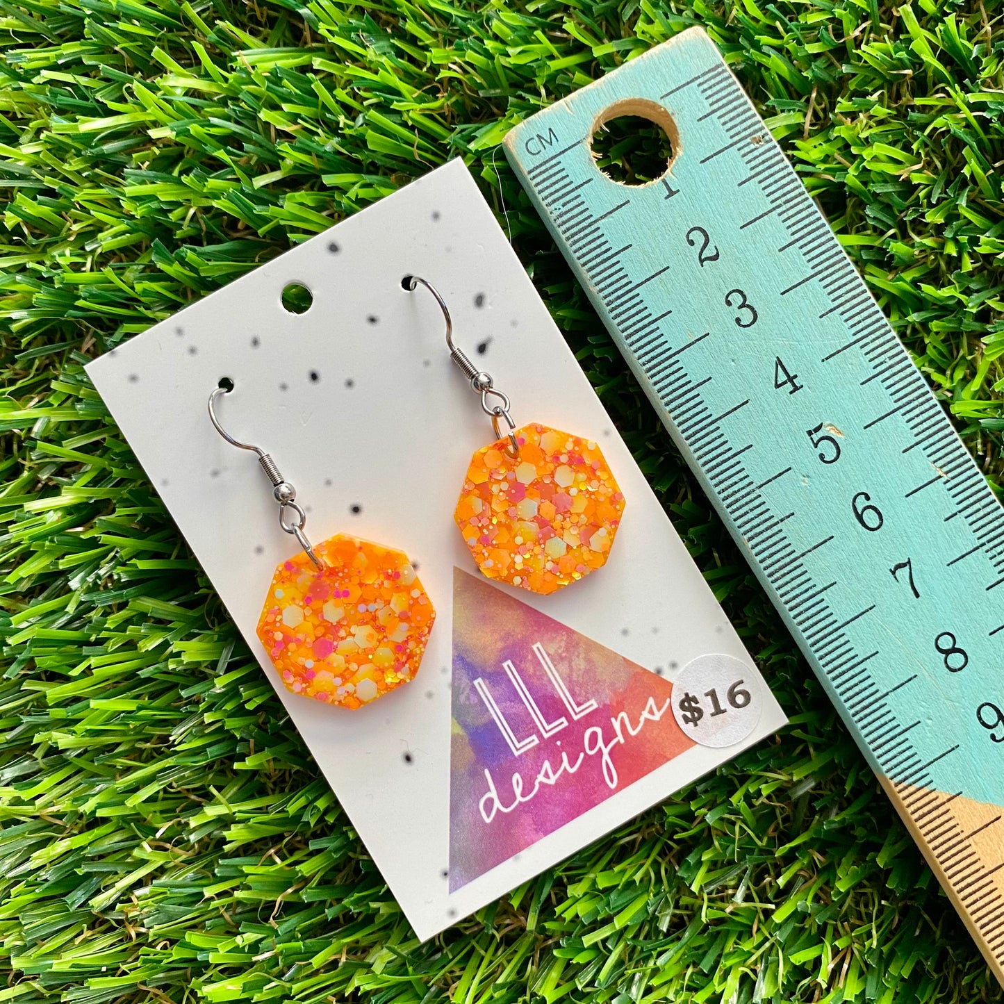 ON SALE!!!! Resin Earrings - Orange Multi Glitter Pentagon Featuring a Hook Top!
