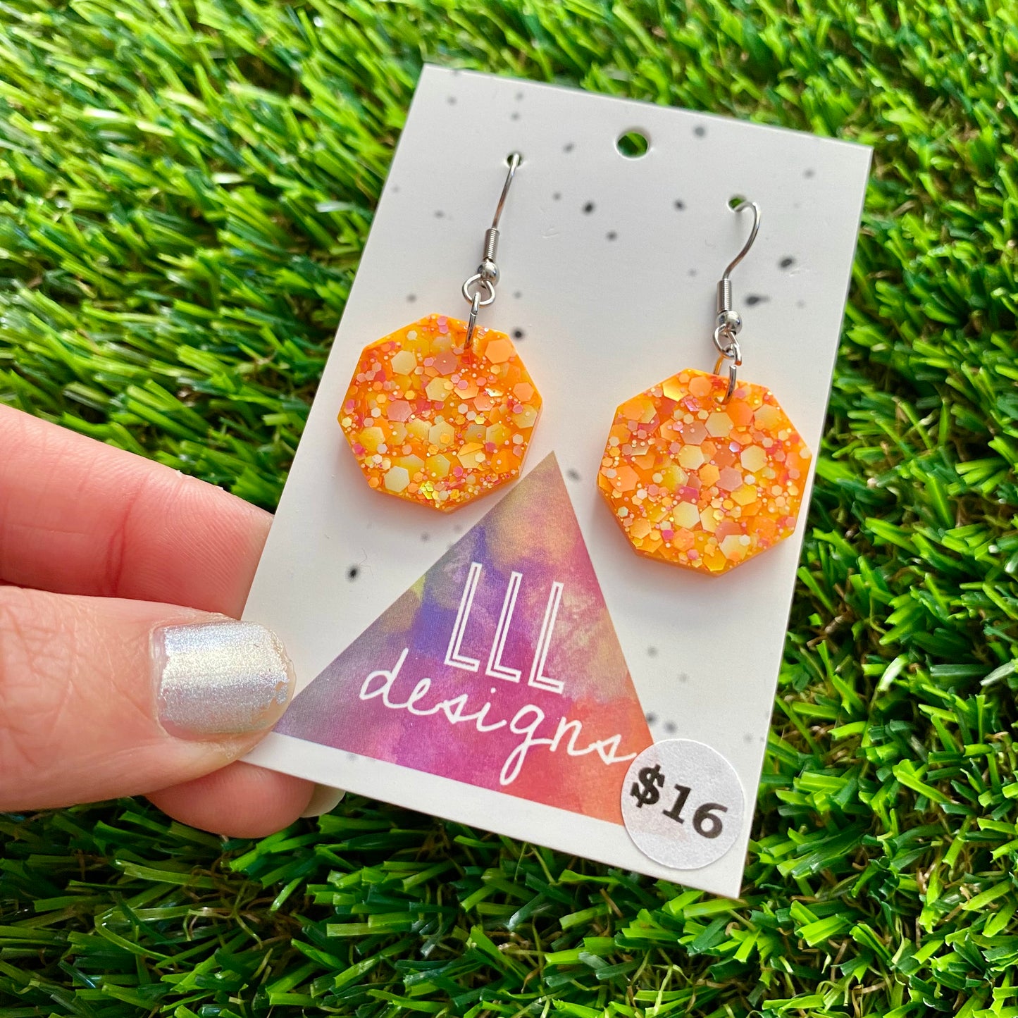 ON SALE!!!! Resin Earrings - Orange Multi Glitter Pentagon Featuring a Hook Top!
