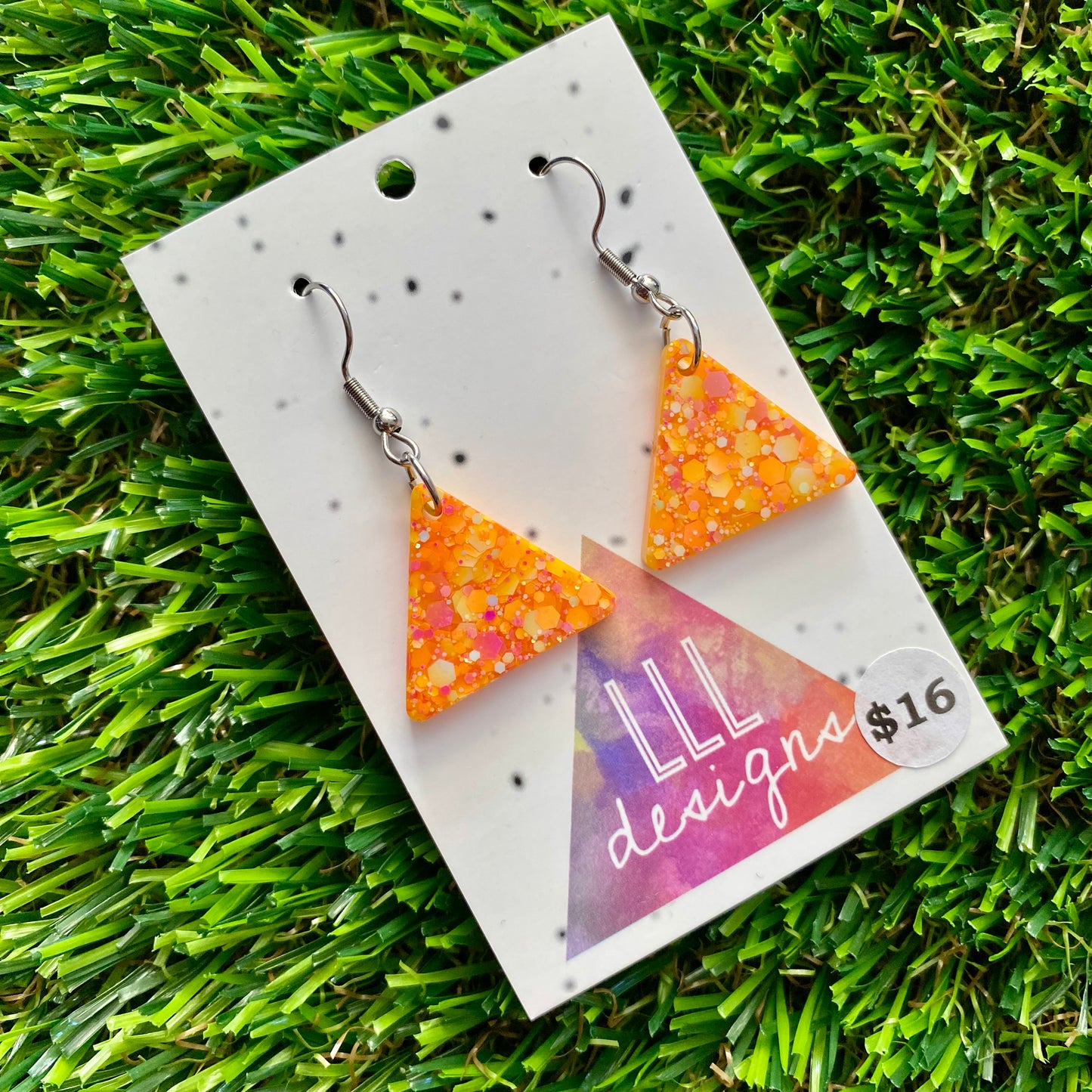 ON SALE!!!! Resin Earrings - Orange Multi Glitter Triangle Featuring a Hook Top!