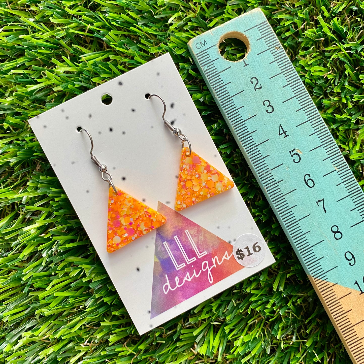 ON SALE!!!! Resin Earrings - Orange Multi Glitter Triangle Featuring a Hook Top!